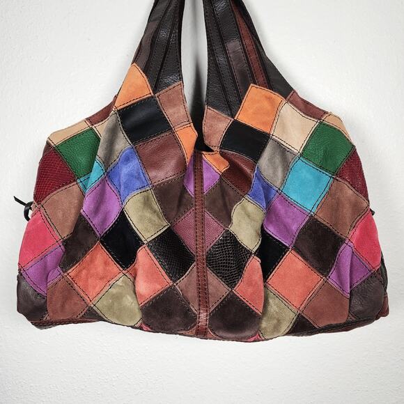 Lucky Brand Leather Patchwork Bag New Shoulder Tote Hobo Boho Large Colorful Vtg - Picture 2 of 12